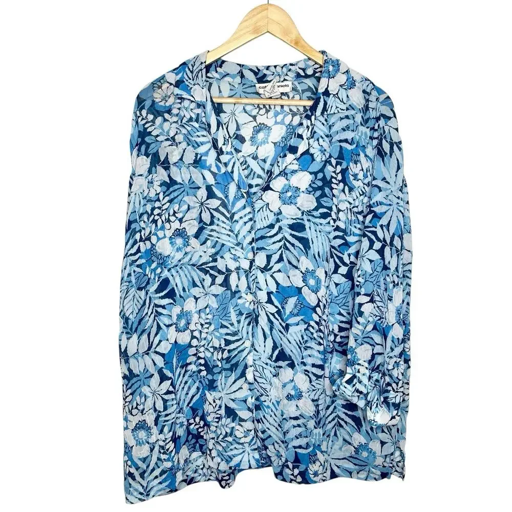 Sheer Tropical Floral Top Blue Womens Size 1X Cathy Daniels Resort